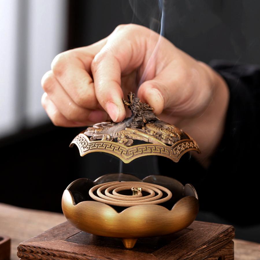GOLD STONE 香炉 おしゃれ お香立て 真鍮製 龍 鳳凰 蓋付き 不燃綿入り