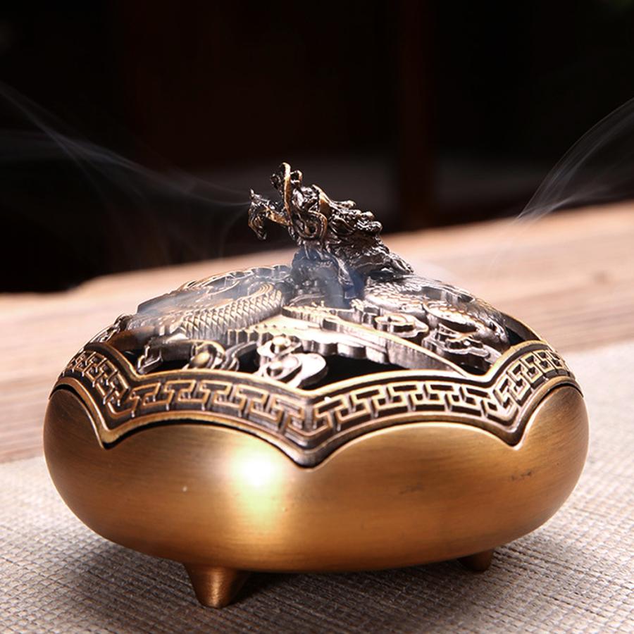 GOLD STONE 香炉 おしゃれ お香立て 真鍮製 龍 鳳凰 蓋付き 不燃綿入り