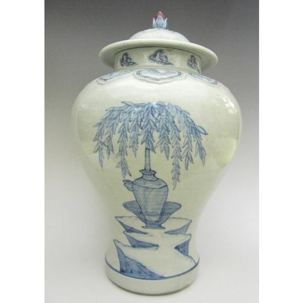 李朝 青花仏文蓋付壺 全高36cm 韓国 朝鮮 陶磁器 希少 地蔵 卍 美品