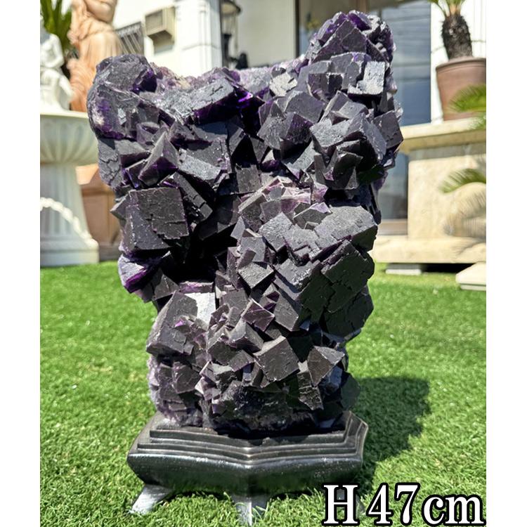 希少 特大 フローライト 蛍石 原石 H47cm 送料無料 台座付 ブラック