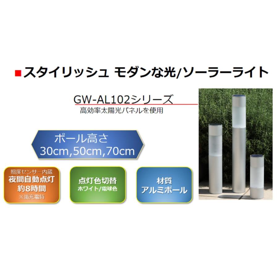 GWSOLAR アルミポールソーラーライト 高さ50cm 直径7cm スタイリッシュ