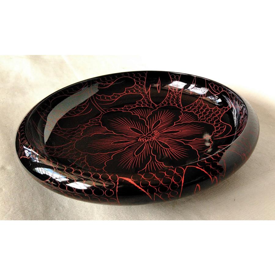 菓子鉢 黒 8.0 鉄鉢 牡丹彫 木製 漆塗り（会津漆器） 会津塗り 菓子器