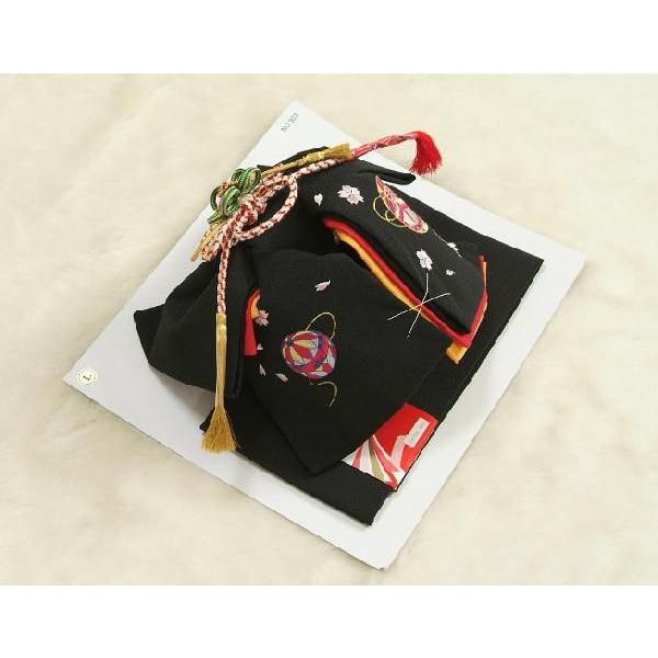 京美 七五三着物用祝い帯 7歳用 黒無地 まり刺繍柄 ちりめん生地 重ね