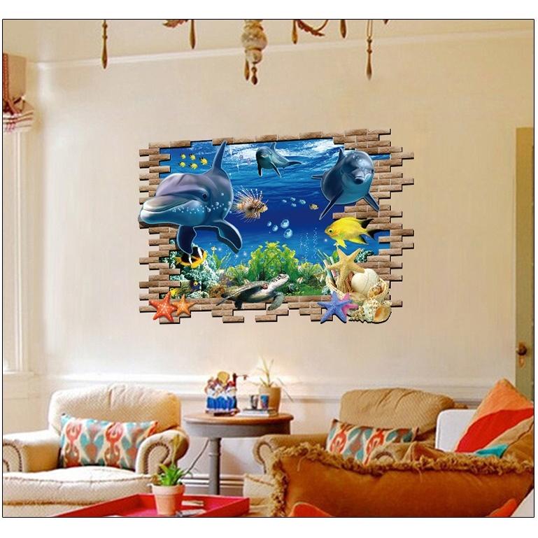 癒しの3D ウォールステッカー レンガ窓×イルカ 騙し絵 トリックアート