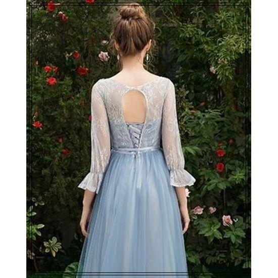 結婚式 ドレス 青 水色 チュール シフォン 長袖 フレア レース