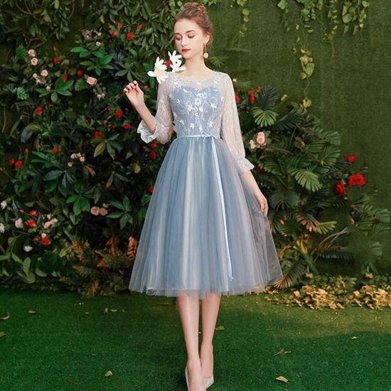 結婚式 ドレス 青 水色 チュール シフォン 長袖 フレア レース