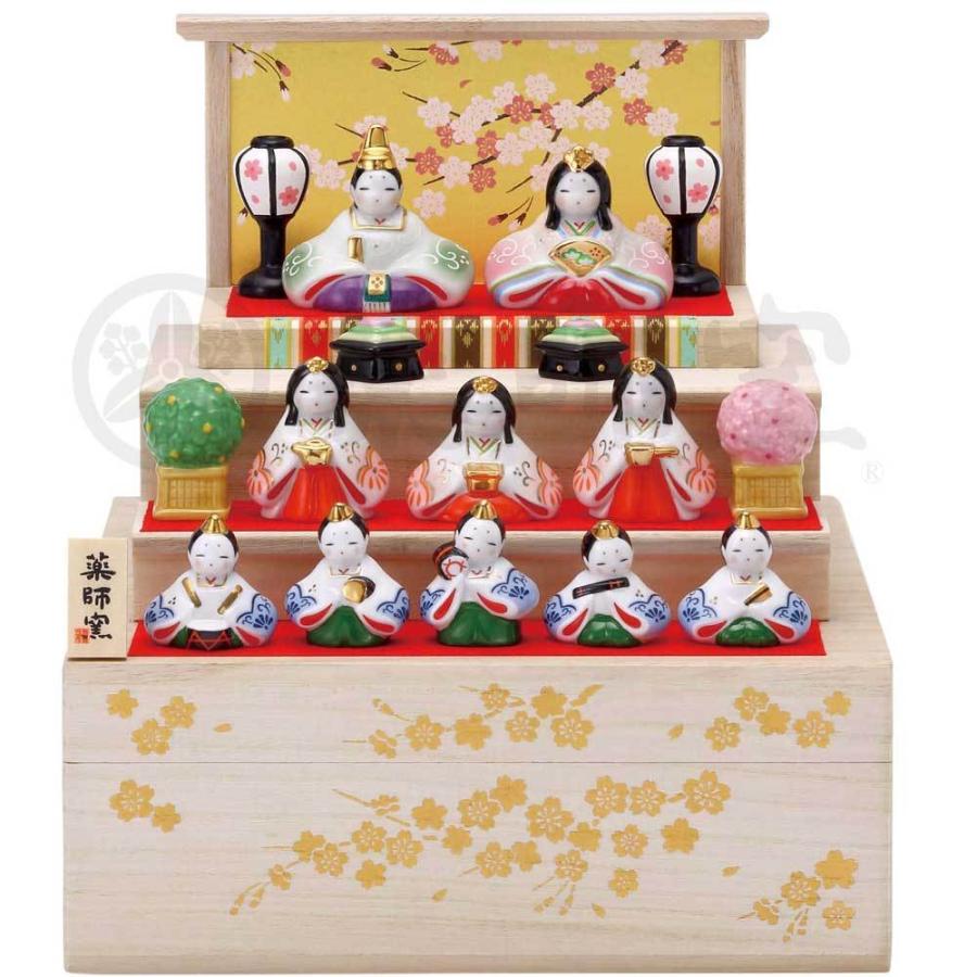 雛人形 コンパクト 陶器 小さい 可愛い ひな人形/ 染絵弥生飾り雛(収納