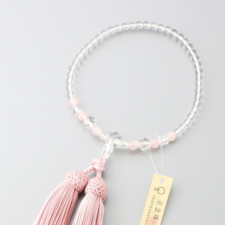 数珠 女性用 水晶丸玉5mm 水晶切子 紅水晶交互 正絹蛍房 ピンクに薄桃