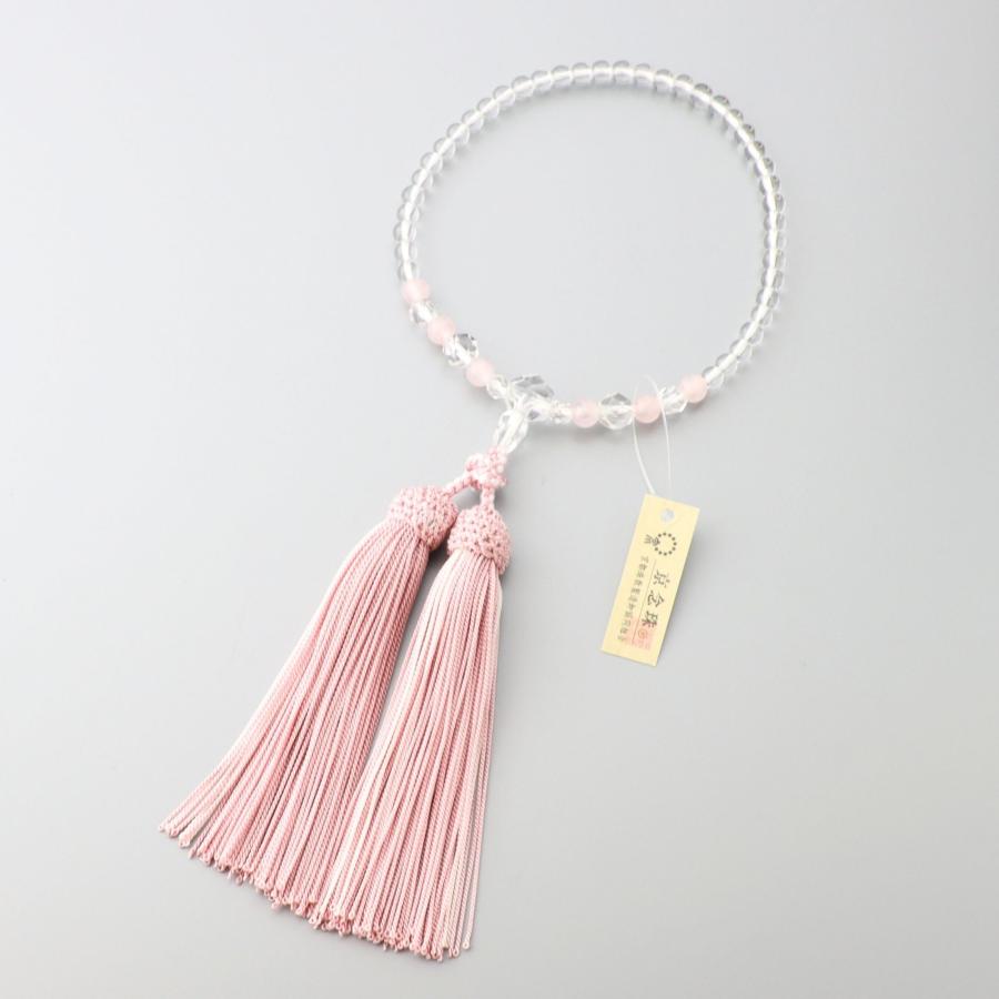 数珠 女性用 水晶丸玉5mm 水晶切子 紅水晶交互 正絹蛍房 ピンクに薄桃