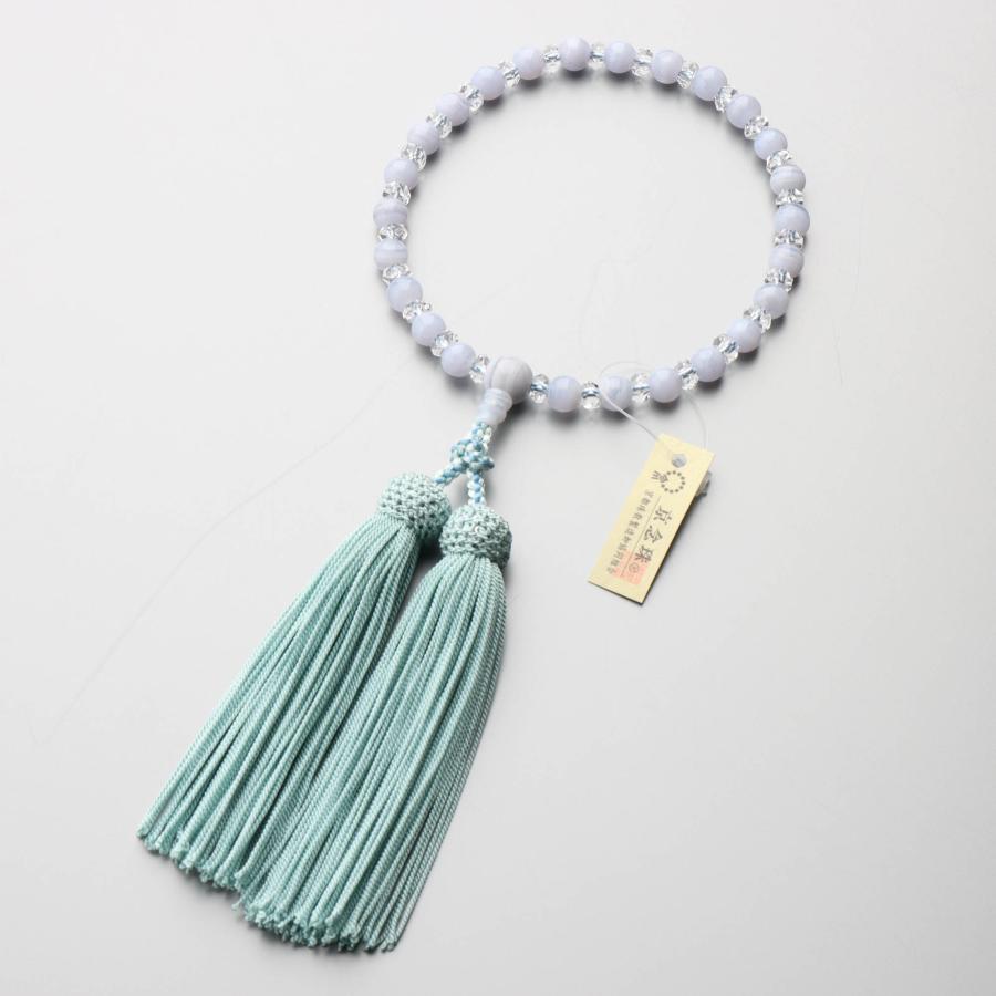 数珠 女性用 ブルーレース瑪瑙 7mm 水晶平切子コンビ 上 正絹房 (青