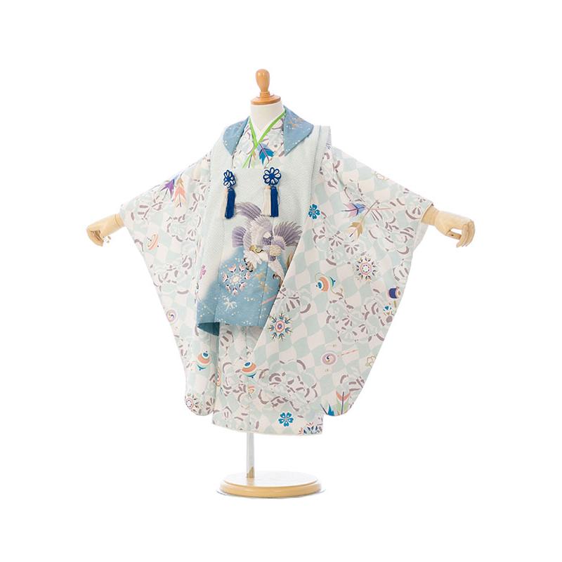 e-h-003 七五三 3歳 男の子 鷹 花うさぎ 被布：青地 グラデ 疋田絞り調