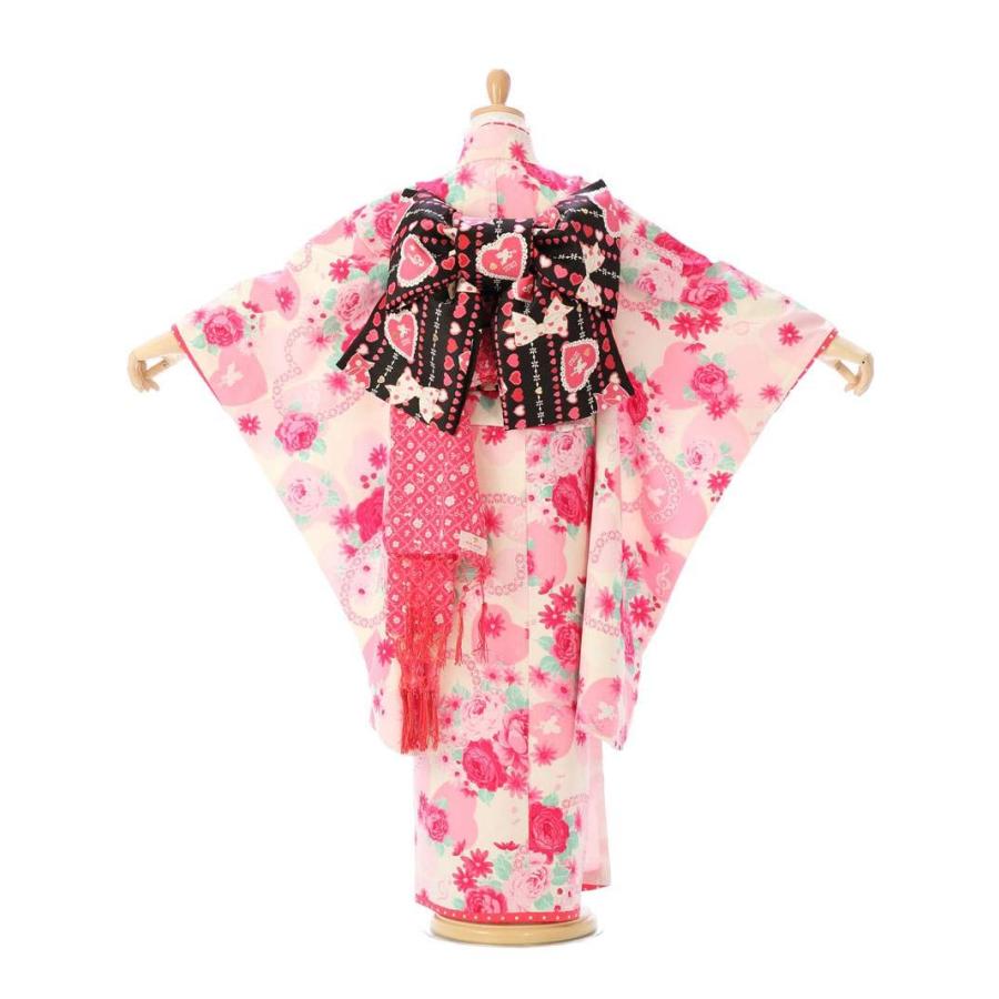 着物 7歳 ピンク薔薇 ハート柄の七五三着物レンタルフルセット（ピンク