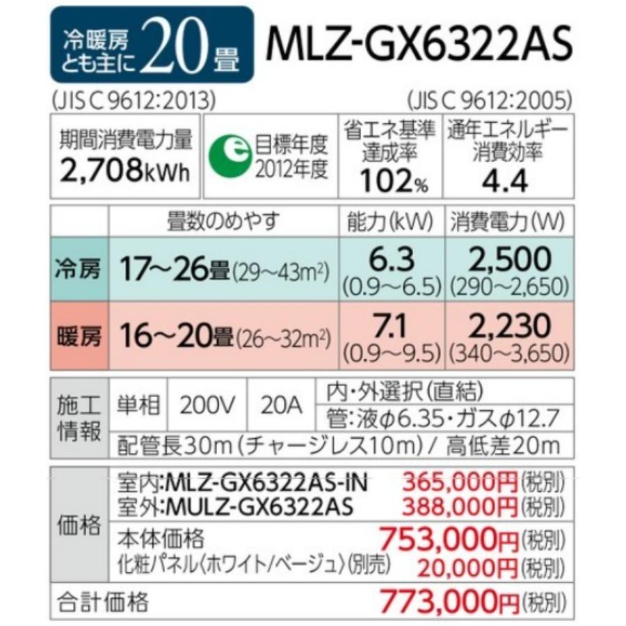 霧ヶ峰 MLZ-GX6322AS三菱電機ハウジングエアコン 室内機・室外機