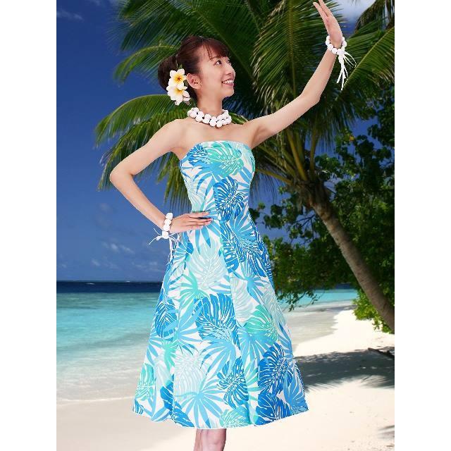 フラダンスムームー ストラップレス ミディ丈ドレス ブルー Fサイズ