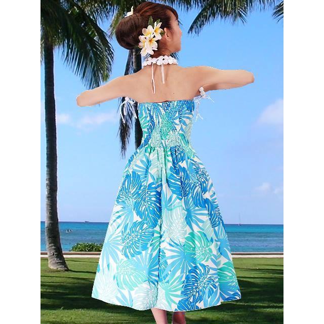 フラダンスムームー ストラップレス ミディ丈ドレス ブルー Fサイズ