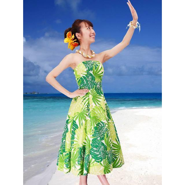 フラダンスムームー ストラップレス ミディ丈ドレス グリーン Fサイズ