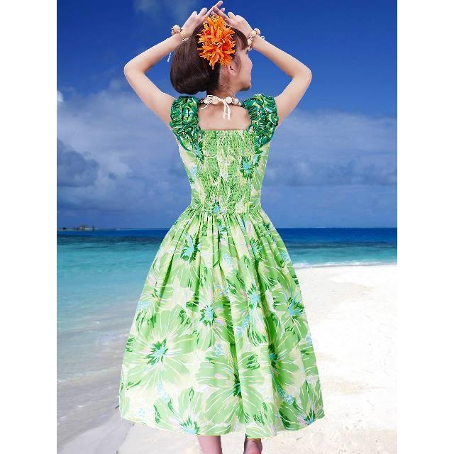 フラダンス ムームー フリル ミディ丈ドレス グリーン Fサイズ 2380grF