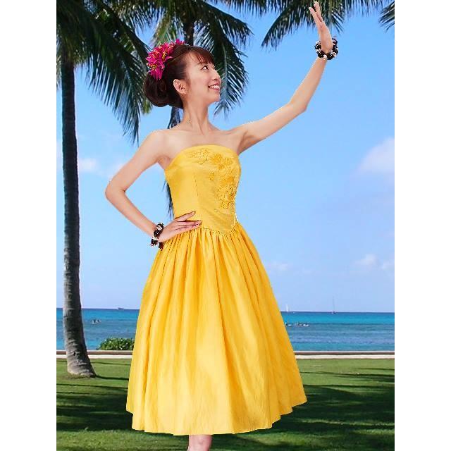 フラダンス ムームー 刺繍バックサテン ミディ丈ドレス イエロー F