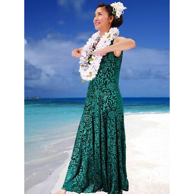 フラダンス ロケラニベルベット ワンピースドレス グリーン 2309gfa