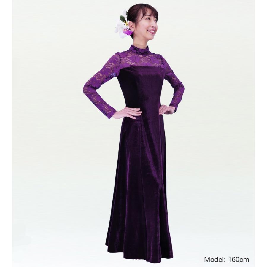 フラダンス レースベルベットロング丈 ドレス パープル Lサイズ