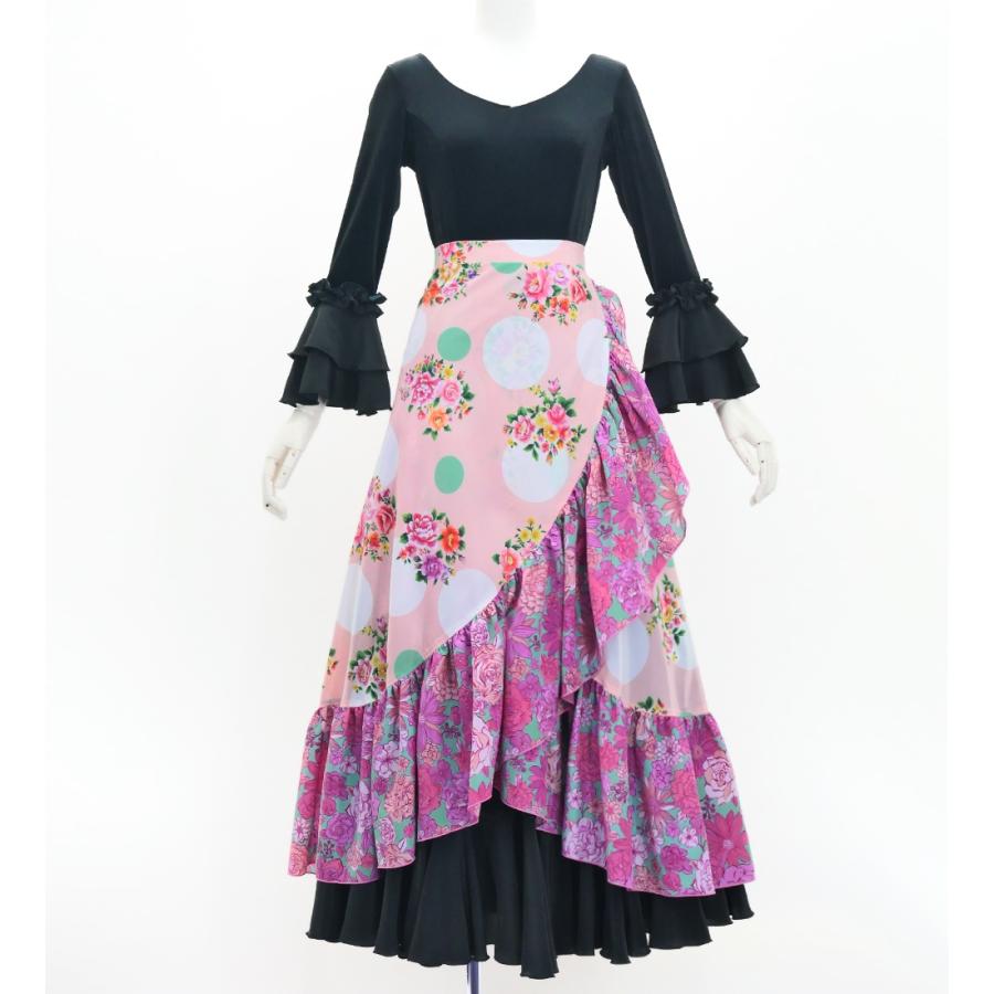 フラメンコ 巻きスカート ローズ×水玉 ピンク×ターコイズブルー F