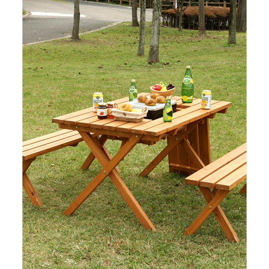 バーベキュー テーブル 120 ×72cm ベンチ セット 天然木 コンロベース