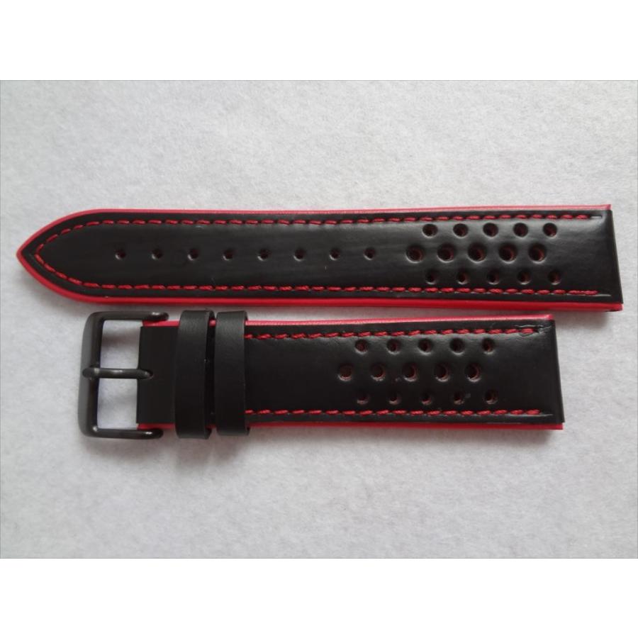 本革 腕時計レザーベルト 22mm 黒/赤 ステッチ 黒バックル 穴開き