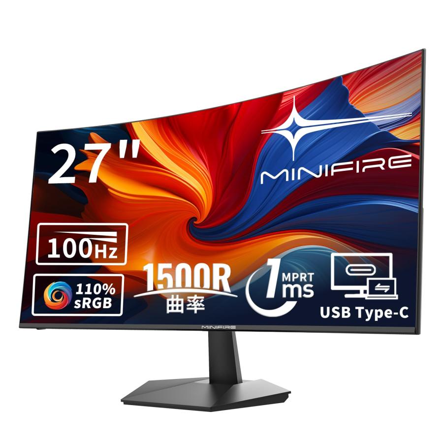 Minifire曲面 モニター27インチ USB-C 100Hz 1500Rの湾曲率 FHD 1920