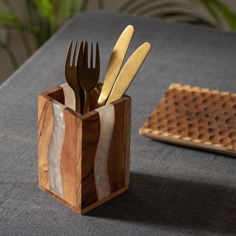 ELEMENTS ペン 立て スタンド ケース ウッド 木製 レジン 約 高さ 12cm