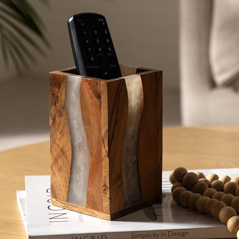 ELEMENTS ペン 立て スタンド ケース ウッド 木製 レジン 約 高さ 12cm