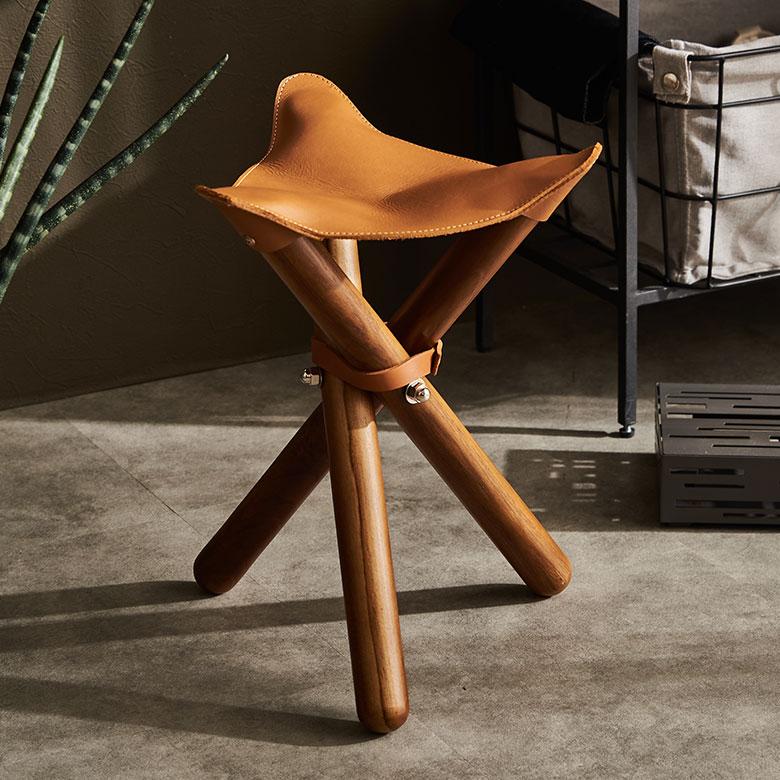 東谷 フォールディング スツール 収納袋付 折り畳み 本革 天然木