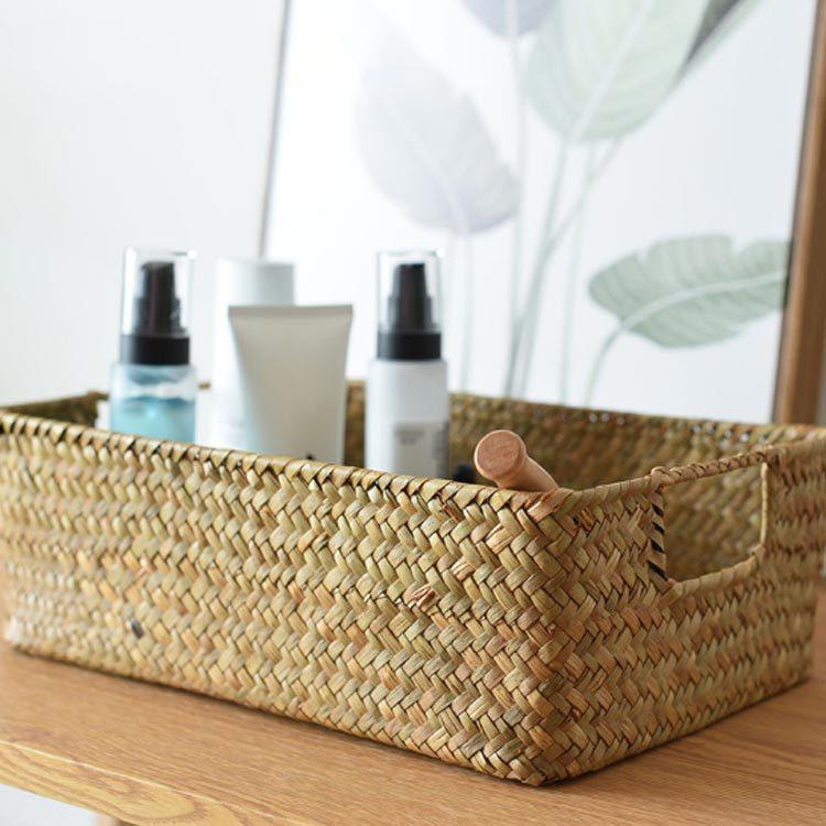 取っ手付き収納ボックス ナチュラル 手作り かご 編みかご シーグラス