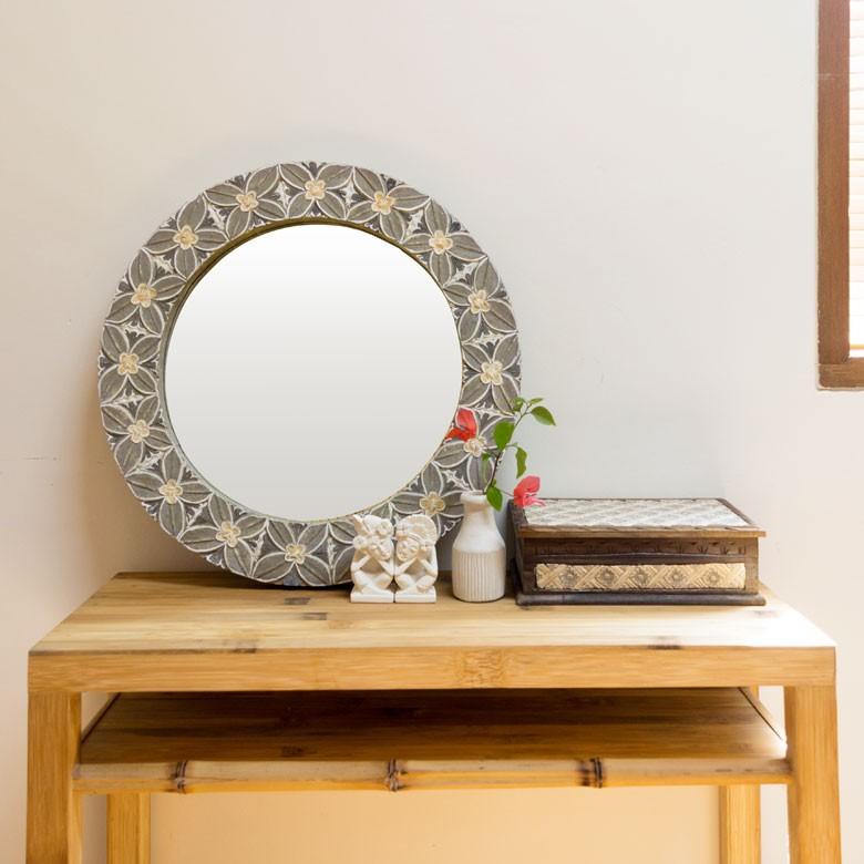 ミラー 壁掛けミラー 鏡 背面フック付き 木彫り 花モチーフ 円形