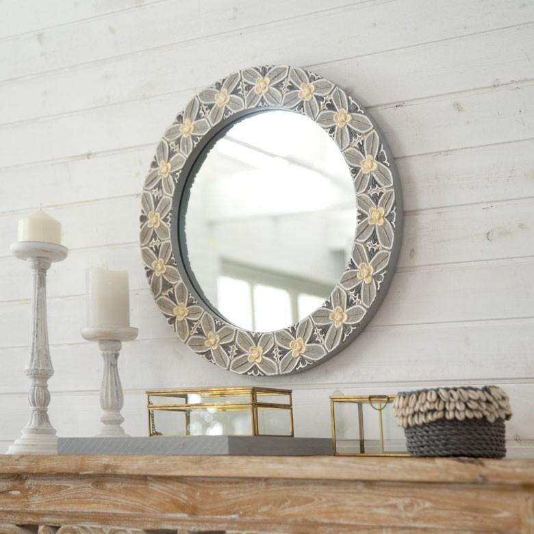 ミラー 壁掛けミラー 鏡 背面フック付き 木彫り 花モチーフ 円形