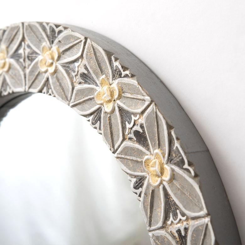 ミラー 壁掛けミラー 鏡 背面フック付き 木彫り 花モチーフ 円形