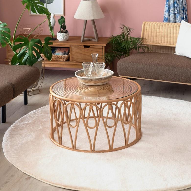 ELEMENTS センターテーブル ローテーブル ラタン 籐 ガラス天板