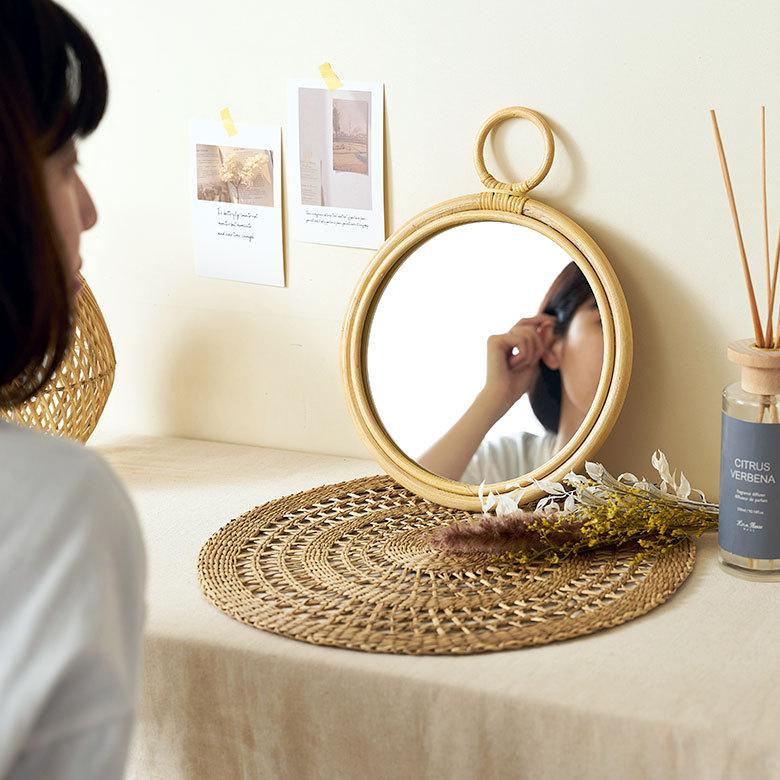 ELEMENTS ミラー 鏡 おしゃれ 壁掛け 立て掛け 卓上 ラタン かがみ 籐
