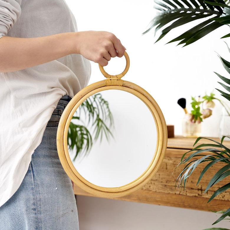 ELEMENTS ミラー 鏡 おしゃれ 壁掛け 立て掛け 卓上 ラタン かがみ 籐