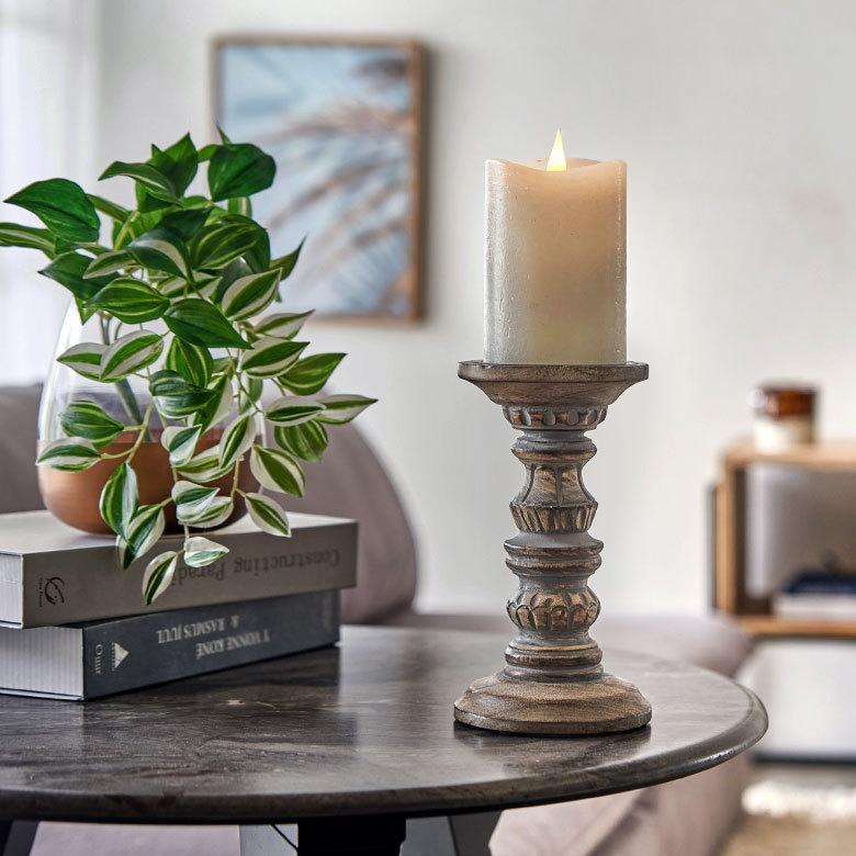 ELEMENTS キャンドルホルダー グレイウォッシュ 木製 ラウンド型 S