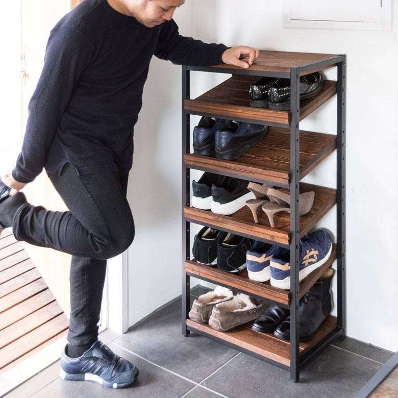 ELEMENTS シューズラック 5段 木製 無垢材 アイアン 12足 ブラウン