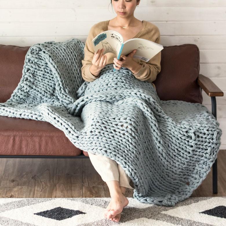 ブランケット 膝掛け ひざ掛け 約100×140cm 大判 ブルーグレー 手編み