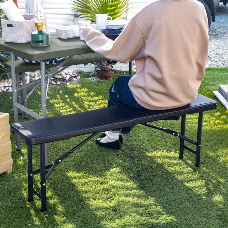 アウトドアベンチ 折りたたみ 2人掛 プラスチック スチール ブラック