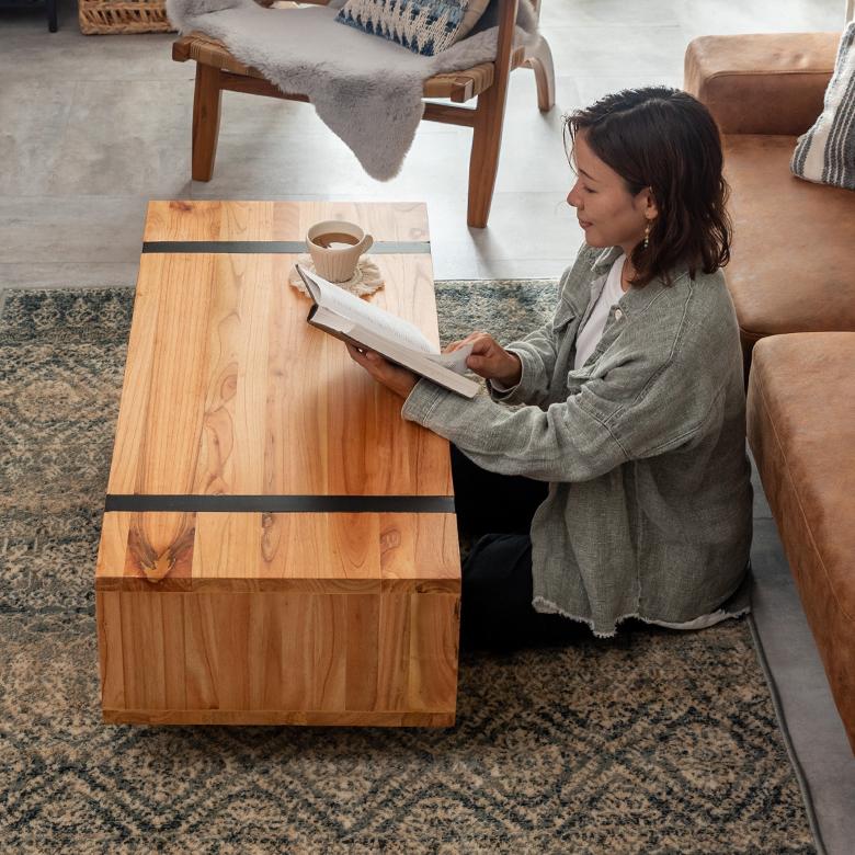 東谷 センター テーブル 木製 スチール 長方形 棚付き ロー 天然木