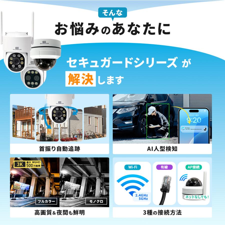 SecuSTATION 防犯カメラ 屋外 家庭用 防犯灯 パンチルト 夜間撮影
