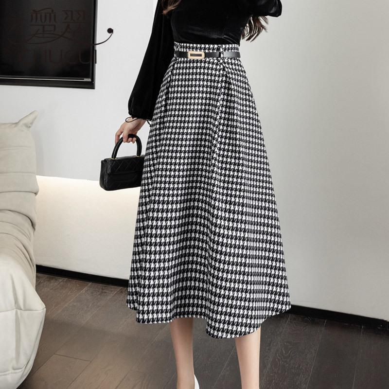スカート ロングスカート 千鳥格子柄 マキシ丈 フレアスカート ベルト