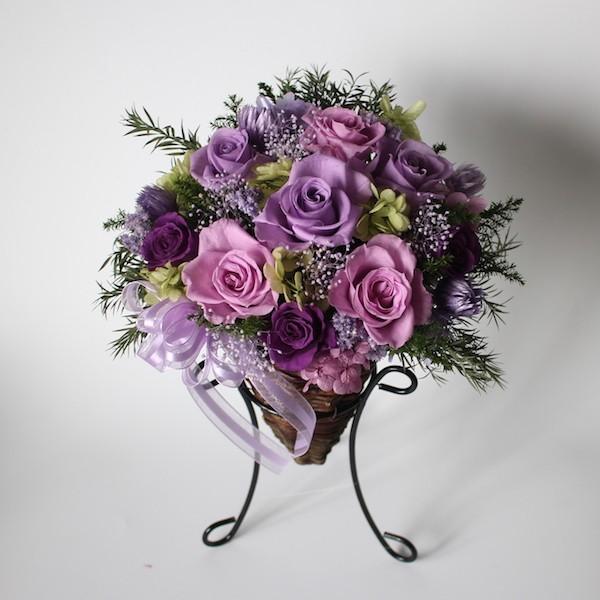 パープルローズのアイアンスタンド付きバスケット】プリザーブド