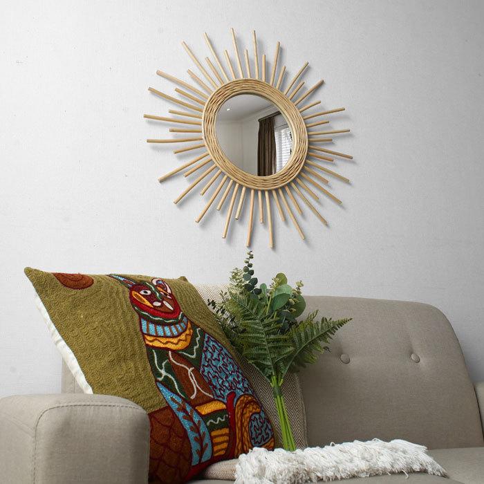 ミラー 鏡 壁掛け ラタン製 おしゃれ 太陽 北欧 軽量 軽い 壁 ウォール