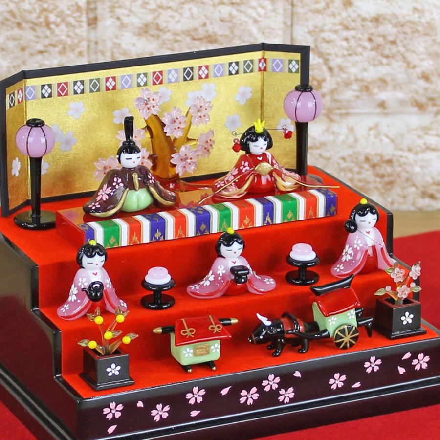 ガラス細工 雛人形 コンパクト(桜舞い雛 三段飾り アクリルケース入り