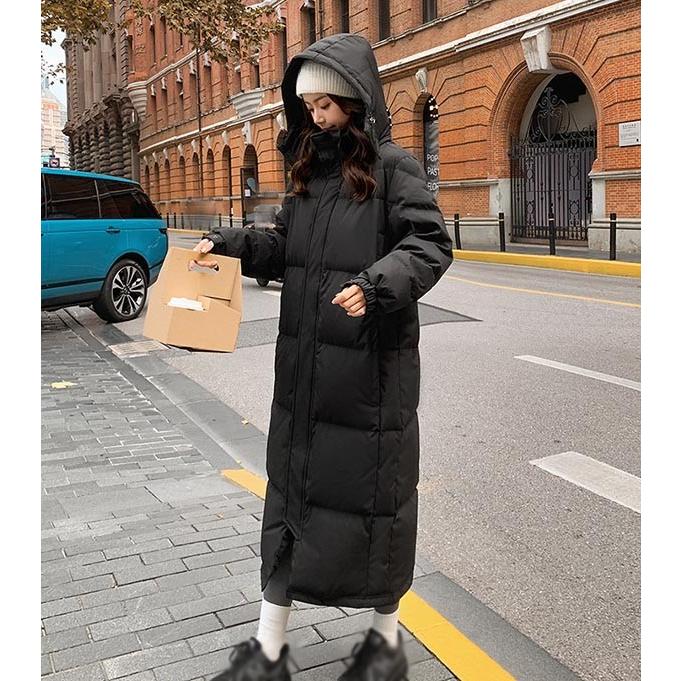 ベンチコート フード付き 90%ダウン レディース 超ロング 黒 大きめ