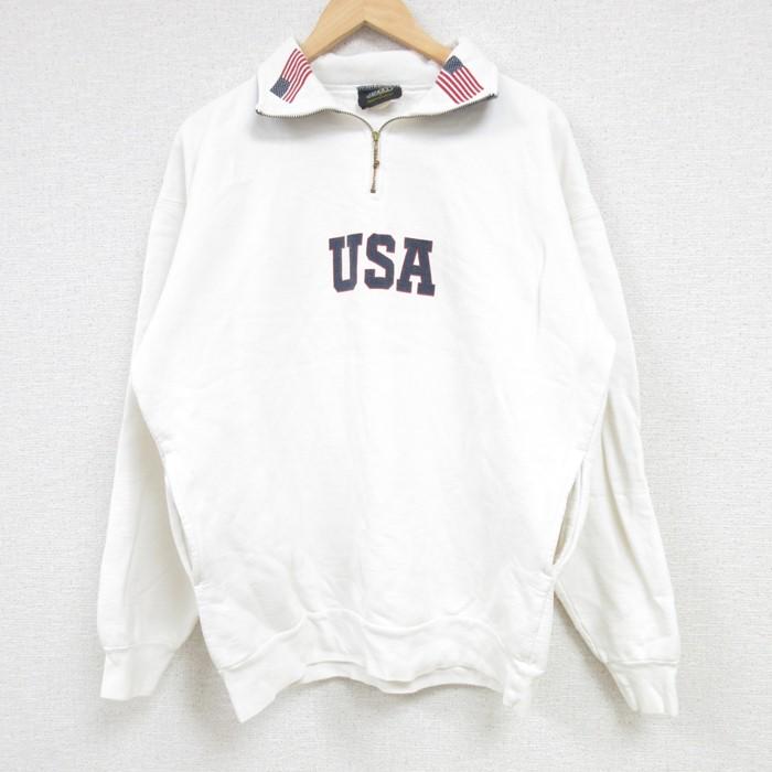 L/古着 長袖 ハーフジップ スウェット メンズ 00s USAロゴ 星条旗 白